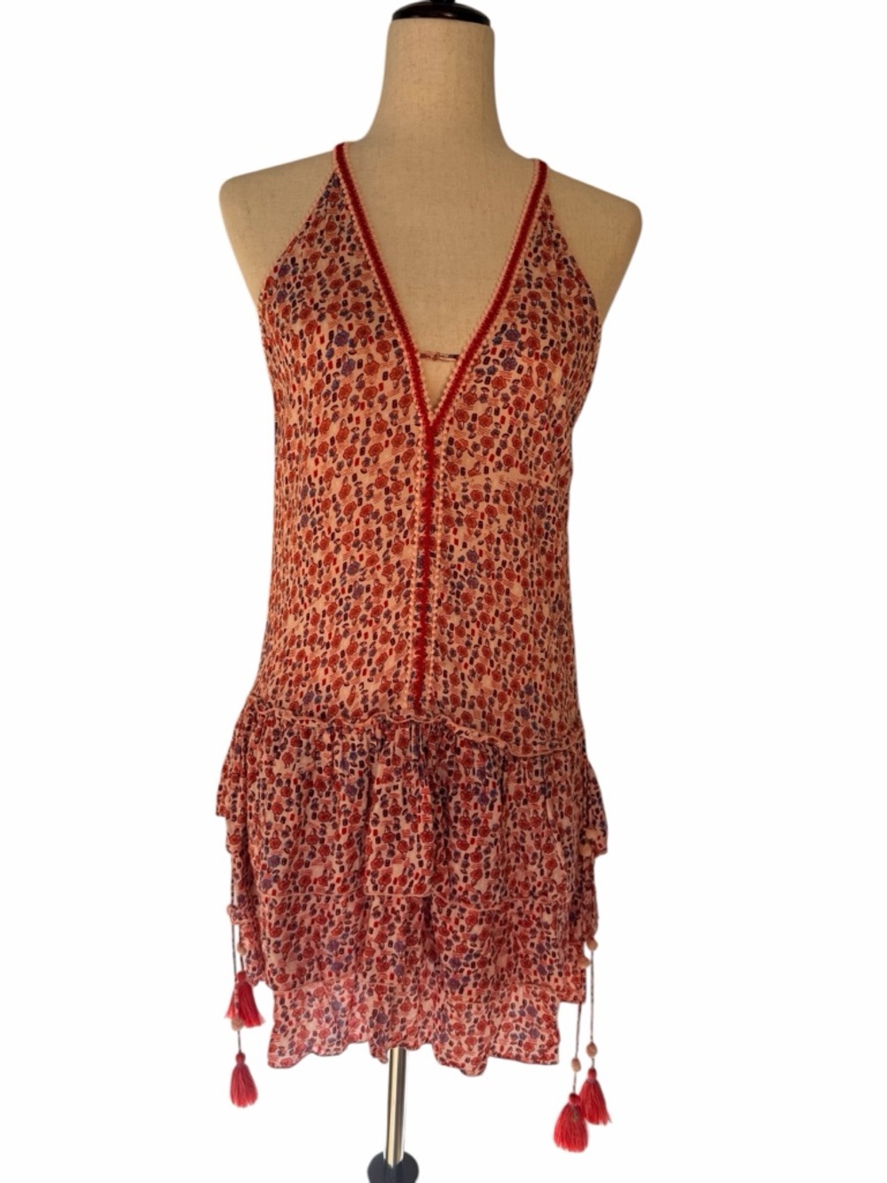 Poupette St. Barth Red Floral Tiered Tassel Mini Dress. M